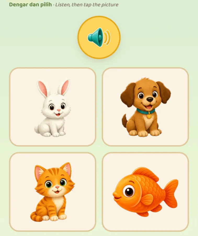 Dengar & Pilih: a speaker button above four animal pictures