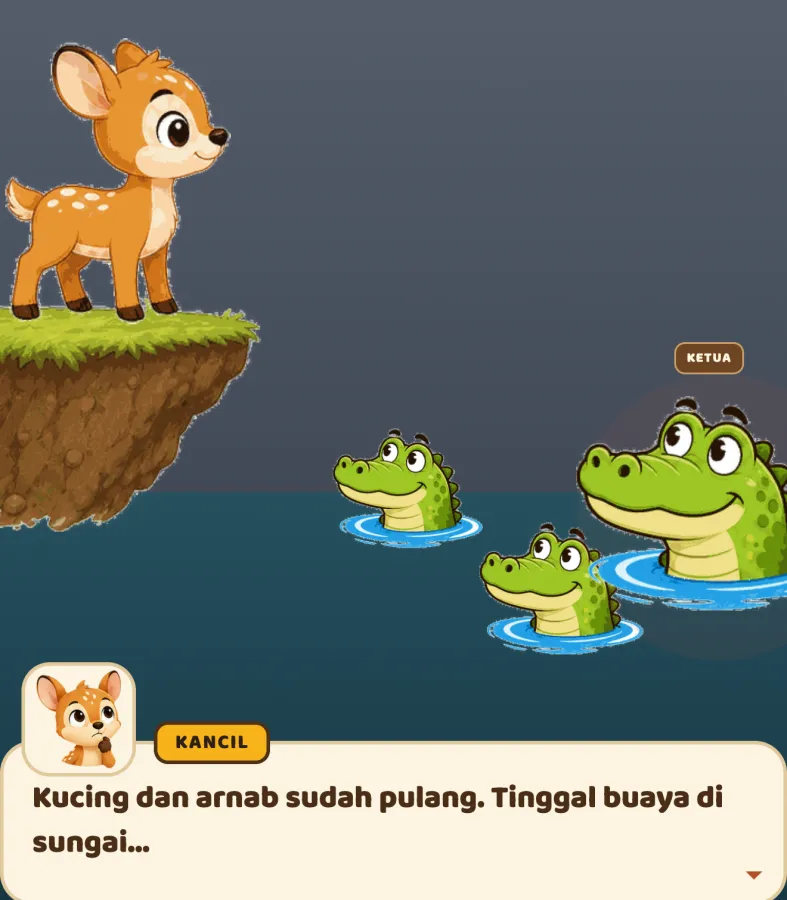 Kancil on the riverbank facing the crocodiles and their Ketua