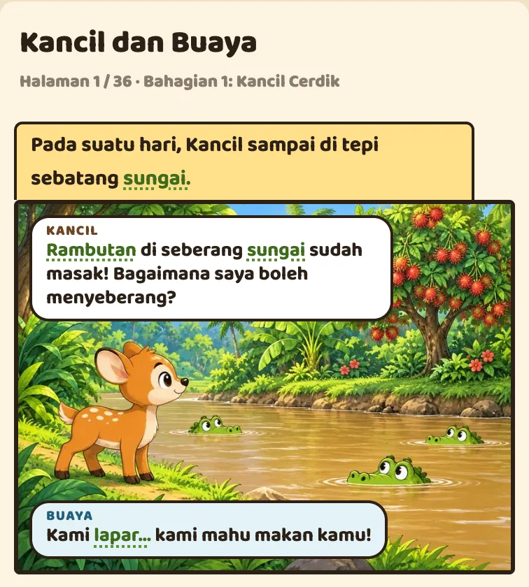 Page 1 of Hikayat Sang Kancil: Kancil looks across a river full of crocodiles
