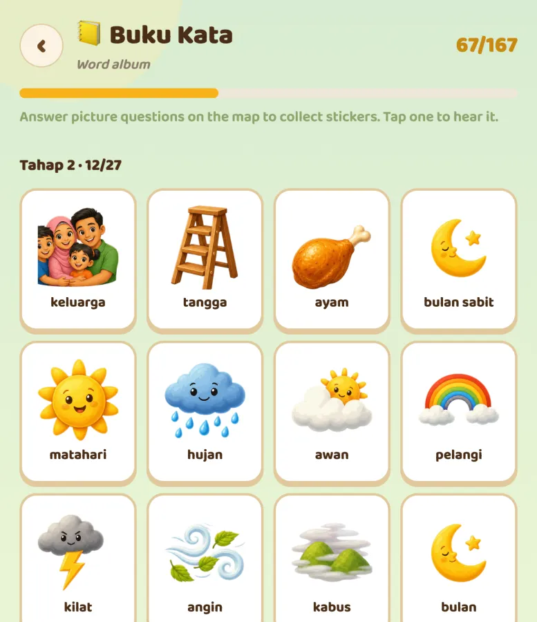 The Buku Kata sticker album with word stickers for keluarga, matahari and pelangi